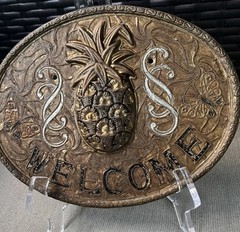 1980s Vintage Solid Brass Pineapple Welcome Door Sign Plaque Enamel Detail