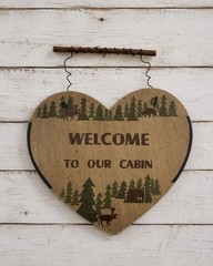 VTG Welcome To Our Cabin Sign Moose Bear Rustic Wood Heart Lodge Decor Wall Art
