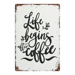 Retro White Distressed “Life Begins After Coffee” Metal Wall Sign for Kitchen