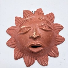 Vintage Terracotta Mexico Sun Face Wall Plaque Folk Art Distressed Boho 8 Inch