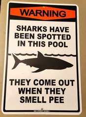 18×12 Warning Sharks Spotted Pee In Swimming Pool No Peeing Tin Sign Funny Wall