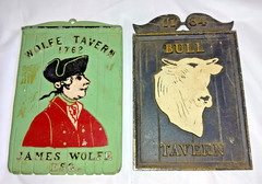 Vtg Lot Of 2 CAST METAL Advertising Bar Sign 1734 BULL TAVERN 1762 WOLFE TAVERN