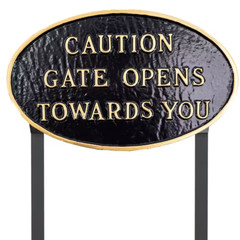 10 In. X 18 In. Large Oval Caution Gate Opens towards You Sign – Black/Gold
