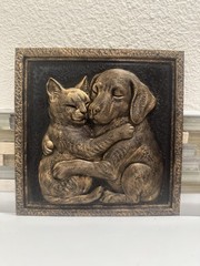 3D Portrait Cat And Dog Hug 8” X 8” Plaque Wall Art Sculpture Pet Lovers Decor
