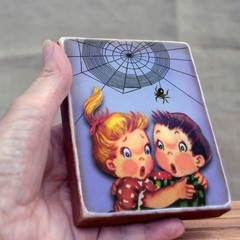 Halloween shelf sitter sign Boy Girl & Spider Web vintage style art decor WB-149