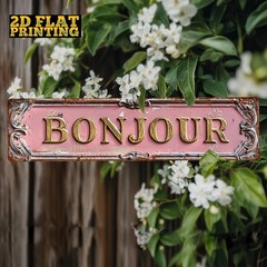 Pink Ornate Frame Bonjour Metal Sign Vintage French Country Wall Decor Plaque