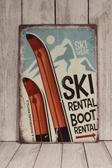 Ski & Boots Rental Tin Sign Metal Poster Rustic Skiing Cabin Art Decor