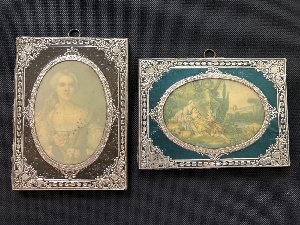 Antique Ornate Wall Plaques Pair- Wood Mounted Chromolithographs