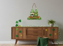 St. Patrick’s Day Door Hanger Decor – 12″ Wooden Lucky Gnomes Hanging Sign wi…