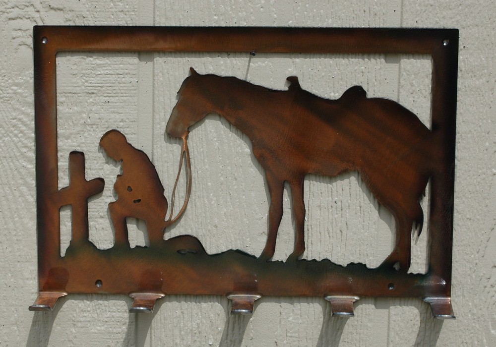 Cowboy Praying At Cross Key or Lead Rope Hanger Metal Wall Art