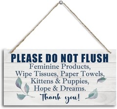 Charming 12×6 Wooden Bathroom Rules Sign – Please Do Not Flush Feminine Products