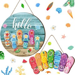 2 Pcs Hello Summer Slippers Hanging Sign Flip Flop Welcome Door Decor Rustic …
