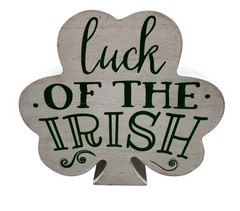 Luck Of The Irish Wooden Shamrock Block Decoration white green 5.5×5″ READ