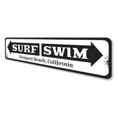 Surf Swim Sign, Personalized Beach Location Directional Arrow Metal Wall Decor