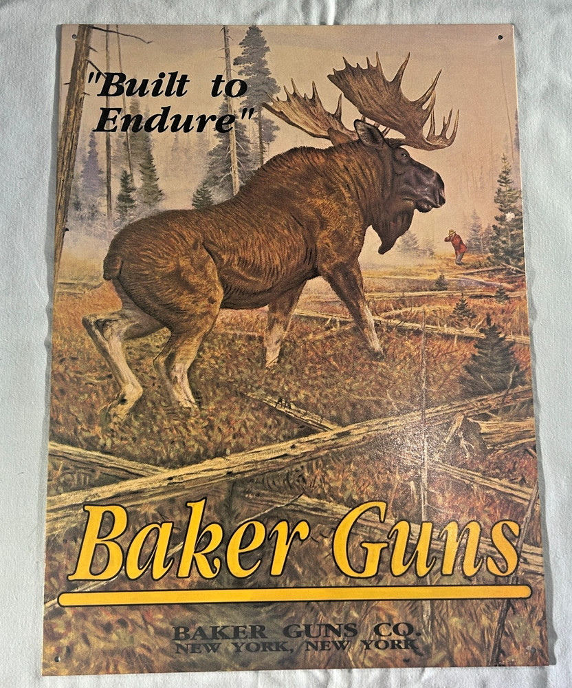 1991 BAKER GUNS CO NY HUNTING DESPERATE SIGN CO. 12″x16″ METAL TIN WALL SIGN