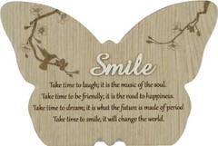 New Wooden Butterfly Wall Decor with Smile Inspirational Message, 8.75 x 6 In