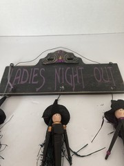 Vintage Whimsical “Ladies Night Out” Hanging Wooden Halloween Sign