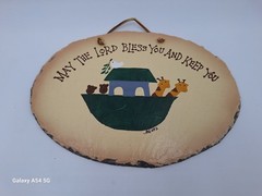 Vintage Childs Noah’s Ark Handcrafted Slate Plaque Plain Jane Leather Hanger 92′