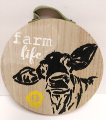 Farm Life Round Wood Wall Hanging Farmhouse Cow Decor 8″ Leather Hanger