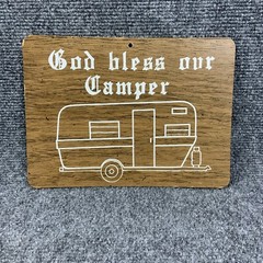 Vintage God Bless Our Camper 6 5/8″ x 9″ Faux Wood Sign