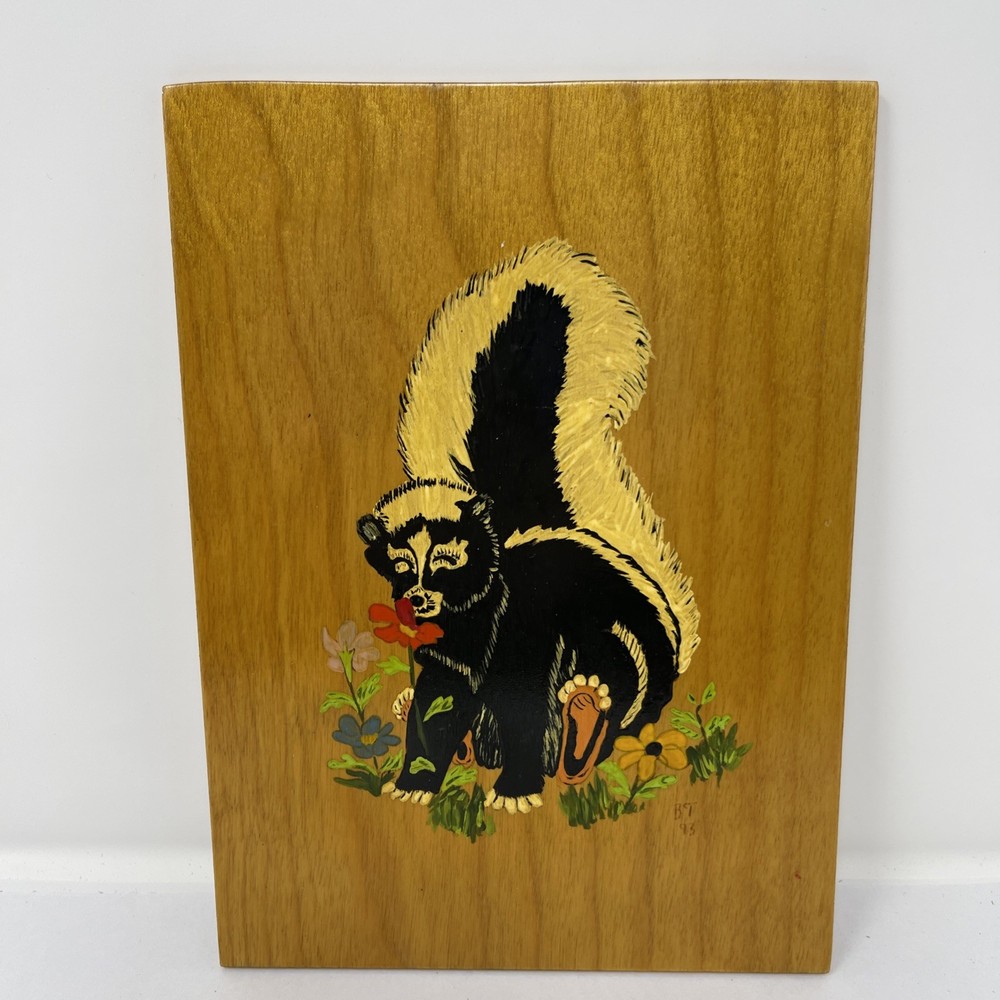 Hand Painted Scored Wood Picture Playful Skunk Vintage Cottage Cabin Decor