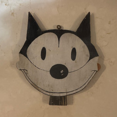 Rustic Wood Cartoon Cat Wall Plaque Hanging Wall Mounted Black White Kids