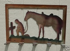 Cowboy Praying At Cross Key or Lead Rope Hanger Metal Wall Art