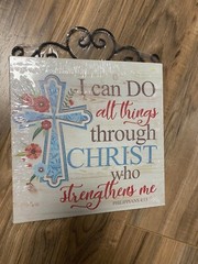 All things through Christ canvas sign 8 x 8 inches new metal top
