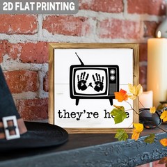 Wooden Framed They’re Here Retro TV Handprint Halloween Horror Wall Decor
