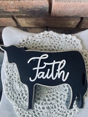 Faith Distressed Black Cow Farmhouse Shelf Sitter NEW