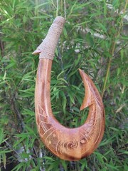 Handmade Tribal Hawaiian Wall Decor Plaque Solid Wood Engraved Hawaii Fish Hook