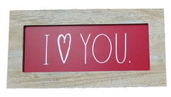 New Rae Dunn wood stand or hang 10x5x2″ plaque-sign. red white “I ♡ YOU” SteriTB