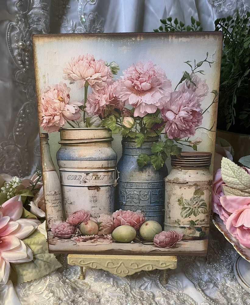 Shabby Chic Tins & Jars Flowers French Country Cottage Handcrafted Plaque #4