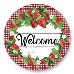 Welcome Strawberry Floral Red Gingham Round Metal Sign Vintage Tin Wall Decor