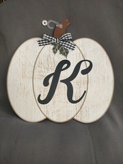 White Pumpkin 12″ Wall Decor Hanging Door Sign Monogram Gingham Bow “K”