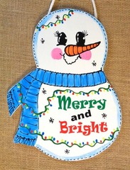 Hand Painted Merry and Bright Snowman Wooden Door Hanger – Winter Christmas