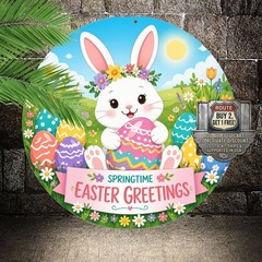 Easter Bunny & Eggs Round Tin Sign 8×8 Spring Holiday Home Decoration