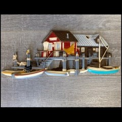Vtg Fishing Wharf Boat Dock Wall Art Plaque Seaside Nautical 1970’s BURWOOD 20”