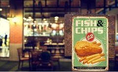 Fish and Chips Tin Sign,Cod Cook Oil Dish Fast Food Fresh Delicious Resta
