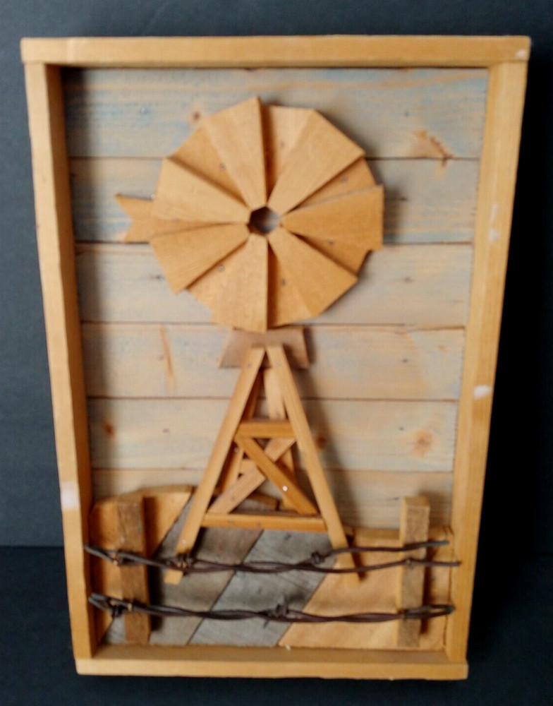 Farmhouse Windmill Barb Wire Wood Shadow Box Picture Decor Americana 11.75″