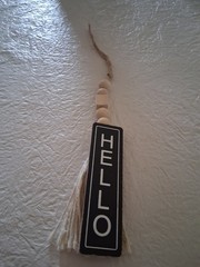 Rustic Vertical Hanging Hello Sign, Wood & Jute, Black/White/Beige
