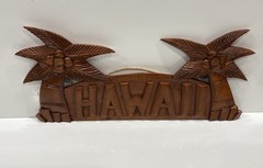 HAWAII Hand Carved Native Wood Sign With Palm Tree For Tiki Bar Souvenir Vintage