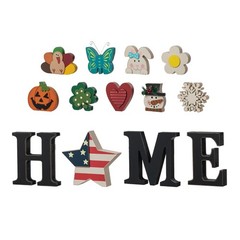 Glitzhome Interchangeable Home Table Signs with 13 Pcs Seasonal Icons, Wooden In
