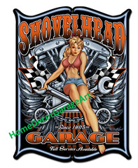 Motorcycle Shovelhead Girl Cutout Shape Metal Sign, 3 Sizes, Garage Art