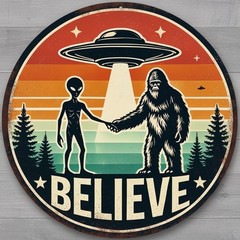 Believe Aliens and Sasquatch 8″ Diameter Vintage Novelty Metal Sign Made In USA