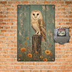 Barn Post Wildflowers Owl Illustration Distressed Wood Style Metal Wall Plaque