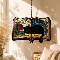 Black Cat & Moon Acrylic Suncatcher – Celestial Witchy Window Decor