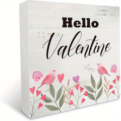 2D 1P 5*5 Wooden Box Sign Gift Hello Valentine with Pink Hearts for Lover Gifts
