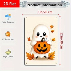 Halloween Cute Ghost Pumpkin Metal Tin Sign Autumn Leaves Home Decor Wall Art
