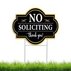 No Soliciting Sign 15″x12″，Black No Soliciting Yard Sign，H Metal Stakes Included